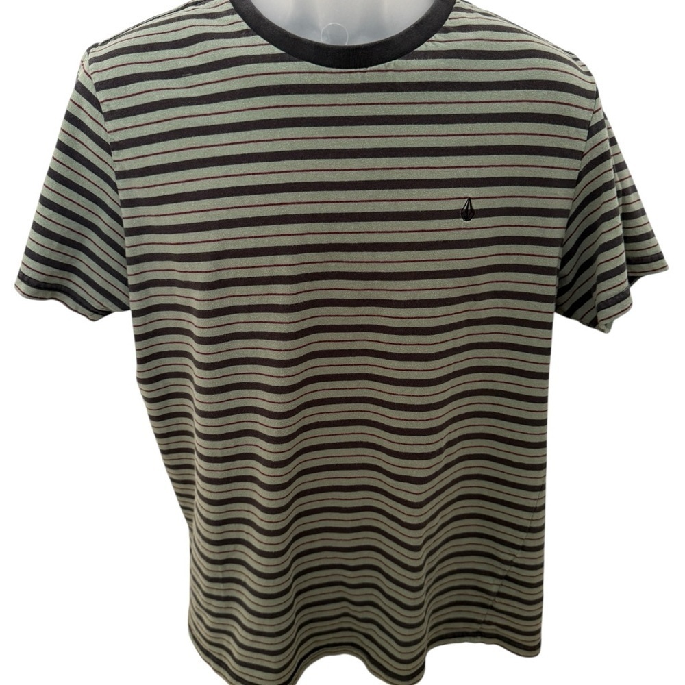 Volcom Stone Surf Skate Green, Grey & Red Striped Tee Shirt Men M Medium